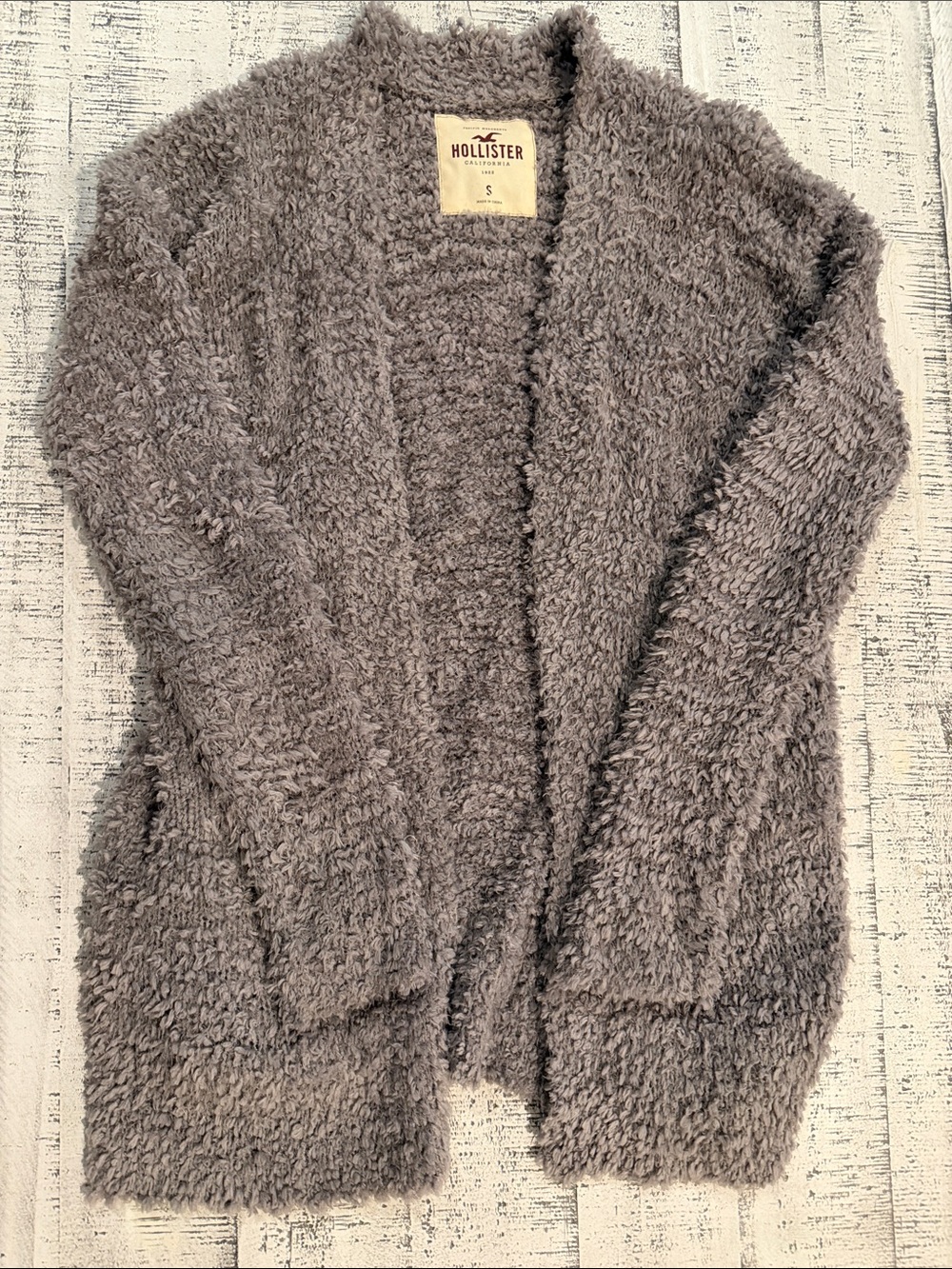 Hollister Plush Open-Front Shaggy Cardigan in Light Gray